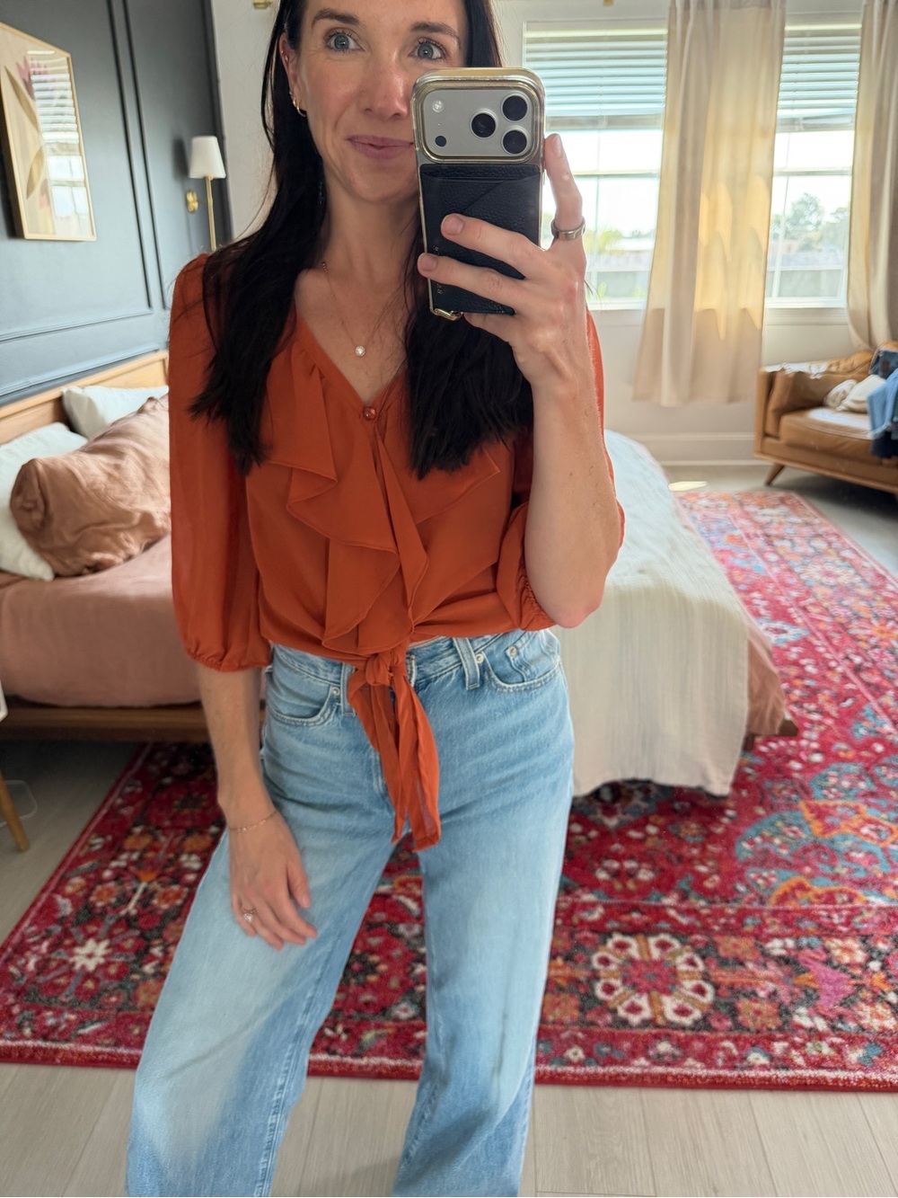 Rust Ruffle Tie-Front Blouse